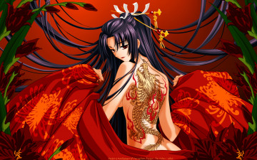 Картинка аниме *unknown другое татуировка спицы девушка кимоно цветы дракон