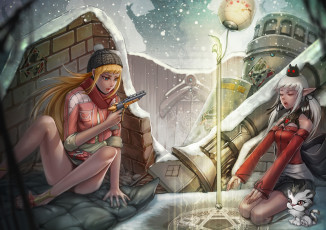 Картинка аниме -weapon +blood+&+technology заклинание магия эльф пистолет животное кот руины стена развалины зима снег девушки