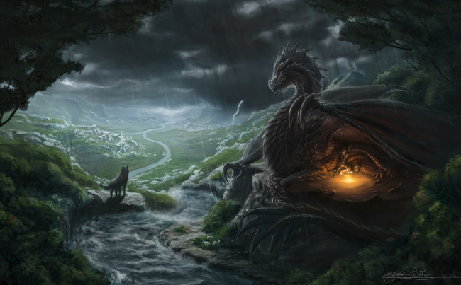 Обои картинки фото фэнтези, драконы, фантастика, арт, дракон, крылья, взгляд, ночь, дождь, человек, костер