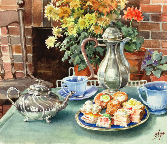 Обои картинки фото рисованное, живопись, стол, стул, пирожные, чайник, чашки, кувшин, цветы