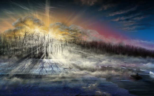Обои картинки фото рисованное, природа, зима, туман, восход, лодка, лёд, озеро, красота, рисунок