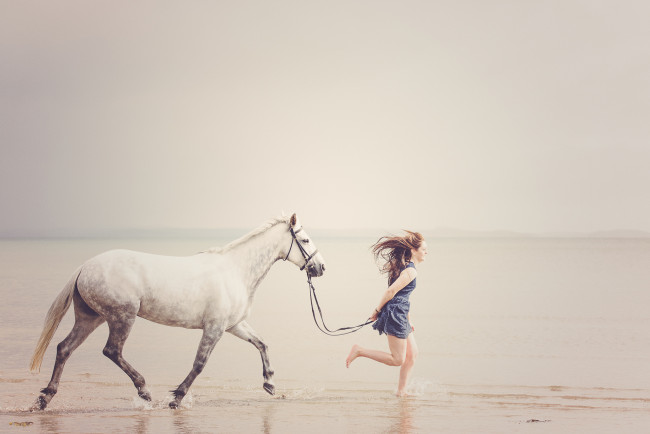 Обои картинки фото девушки, -unsort , рыжеволосые и другие, море, конь, девушка