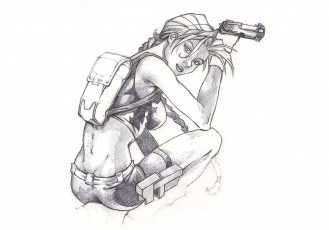 Картинка рисованное комиксы взгляд фон девушка пистолет скетч
