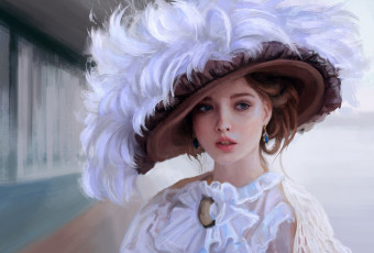 Картинка рисованное люди красивая девушка шляпа взгляд перья арт серьги