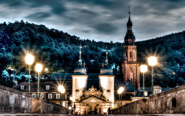 Обои картинки фото города, гейдельберг , германия, фонари, башни, вечер