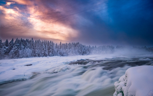 Обои картинки фото природа, зима, пороги, снег, швеция, pite, river, норрботтен, norrbotten, county, река, питеэльвен, sweden, лес, небо, storforsen, rapids