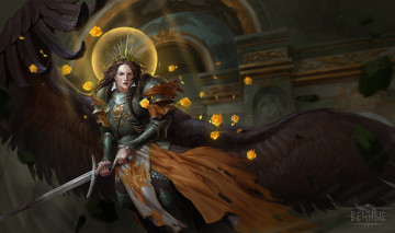 Картинка фэнтези ангелы девушка ангел крылья меч розы