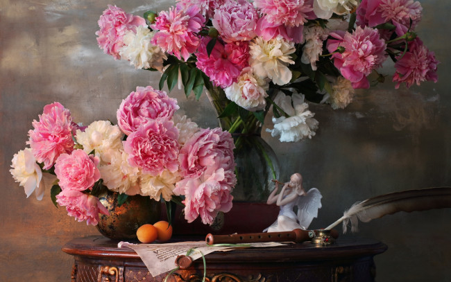 Обои картинки фото цветы, пионы, букеты, белые, розовые