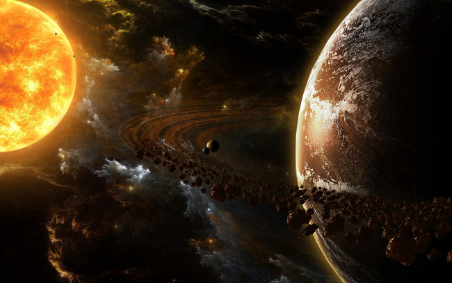 Обои картинки фото космос, арт, астероидный, пояс, планеты, солнце