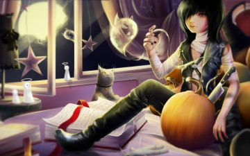 Картинка аниме halloween magic хелуин тыквы шторы звезды ночь парень нож луна призраки бинты книга кот