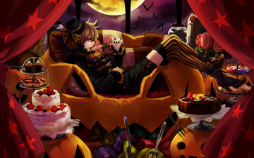 Картинка аниме halloween magic тыквы луна шторы мыши ночь парень сладости хелуин