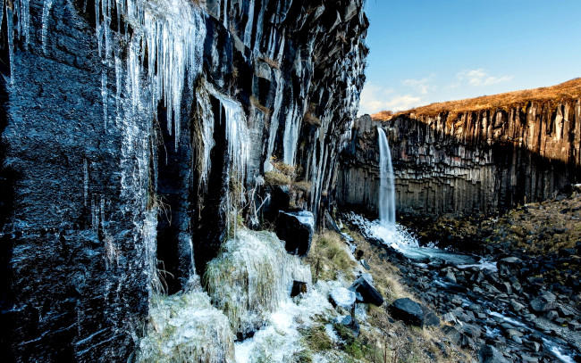 Обои картинки фото природа, водопады, лед, скалы, водопад