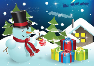 обоя праздничные, векторная графика , новый год, шарф, снеговик, ели, снег, упряжка, олени, подарки, облака, дом, шляпа