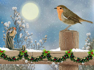 Картинка рисованное праздники соднце ягоды птичка зверек снег забор