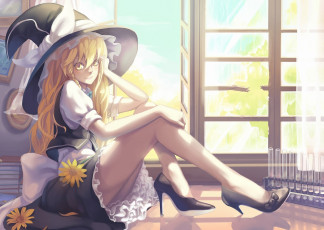 Картинка аниме touhou окно цветы колбы девушка каблуки туфли kirisame marisa сидя шляпа madyy арт