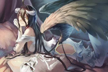 обоя аниме, overlord, albedo, art, рога, anime, крылья, девушка