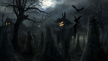 Картинка праздничные хэллоуин ночь ворон дерево тыква