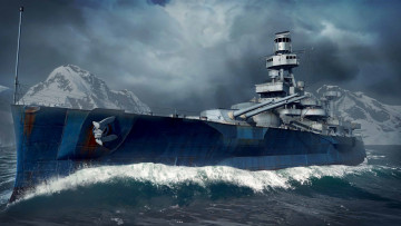 обоя видео игры, world of warships, море, горы, корабль