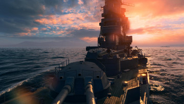 обоя видео игры, world of warships, закат, море, корабль
