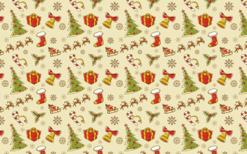 обоя праздничные, векторная графика , новый год, орнамент, текстура, сани, олени, дед, мороз, ёлки, коробки, снежинки, рождество, носки, подарки, конфеты, колокольчики