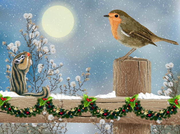 Обои картинки фото рисованное, праздники, соднце, ягоды, птичка, зверек, снег, забор