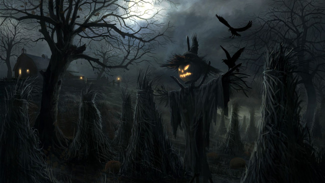 Обои картинки фото праздничные, хэллоуин, ночь, ворон, дерево, тыква
