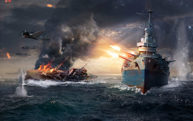 Обои картинки фото видео игры, world of warships, море, самолеты, корабли