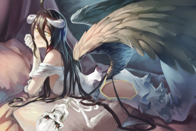 Обои картинки фото аниме, overlord, albedo, art, рога, anime, крылья, девушка