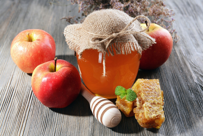 Обои картинки фото еда, мёд,  варенье,  повидло,  джем, банка, соты, мед, яблоки