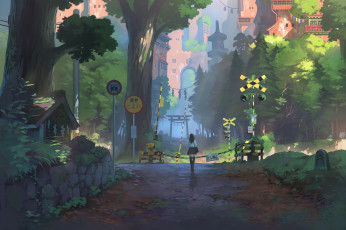 Картинка аниме город +улицы +интерьер +здания девушка