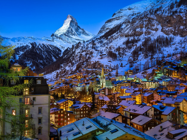 Обои картинки фото церматт,  швейцария, города, - огни ночного города, дома, снег, горы, деревья, огни