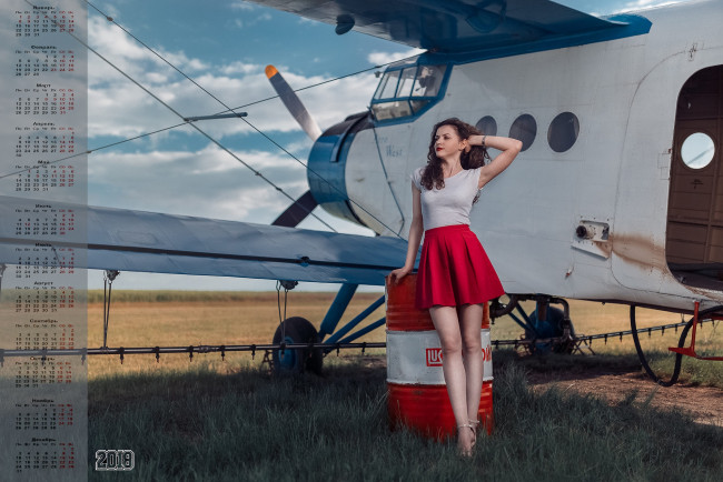 Обои картинки фото календари, девушки, самолет, взгляд, 2018