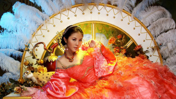 Картинка девушки -+азиатки цветы украшения перья