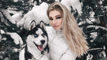 Картинка девушки -+блондинки +светловолосые лес блондинка снег собака анастасия фоглер anastasia vogler
