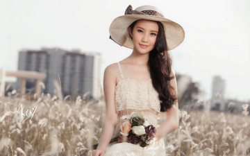 Картинка девушки -+азиатки шляпа букет