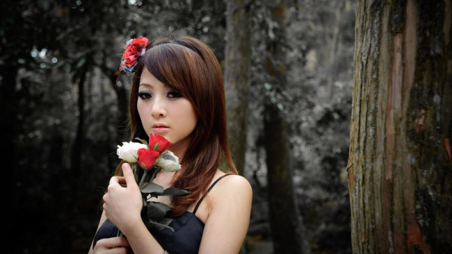 Обои картинки фото девушки, mikako zhang kaijie, лес, розы