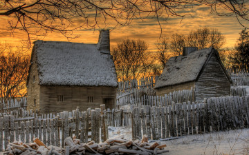 Картинка разное сооружения постройки домики закат зима пейзаж