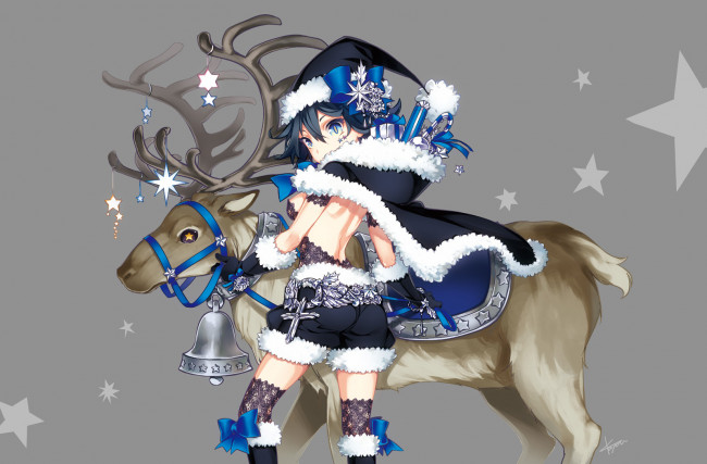 Обои картинки фото by, kayou, аниме, merry, chrismas, winter, звезды, шапка, подарки, олень, девушка
