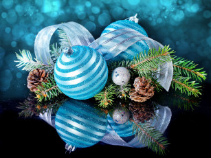 Картинка праздничные шарики ветка шишки лента отражение