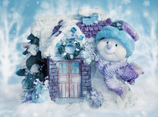 обоя праздничные, снеговики, домик, снеговик