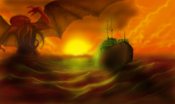 Картинка фэнтези существа ктулху монстр корабль море крылья мистика