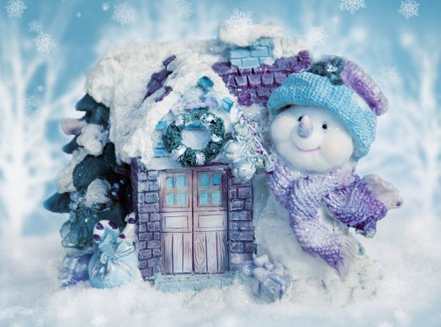 Обои картинки фото праздничные, снеговики, домик, снеговик