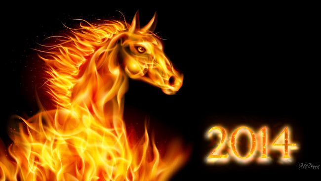 Обои картинки фото праздничные, 3д графика , новый год, лошадь, огонь