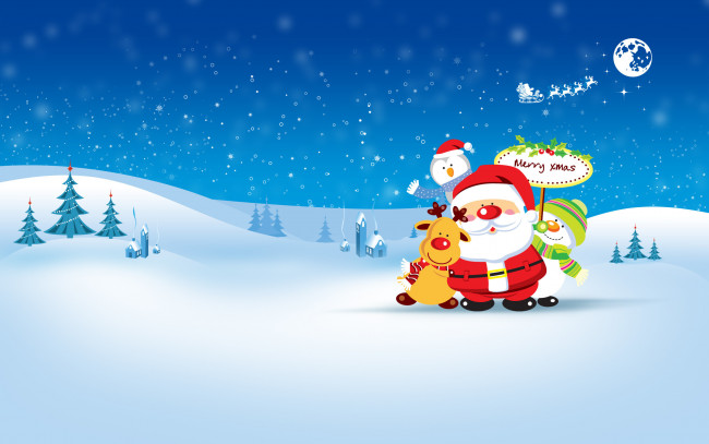 Обои картинки фото праздничные, векторная графика , новый год, деревья, луна, снег, пингвин, олень, снеговик, дом, санта, клаус