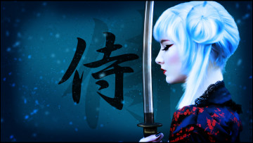 Картинка разное cosplay+ косплей арт блондинка иероглифы воин прическа макияж рисунок меч катана самурай оружие девушка фон