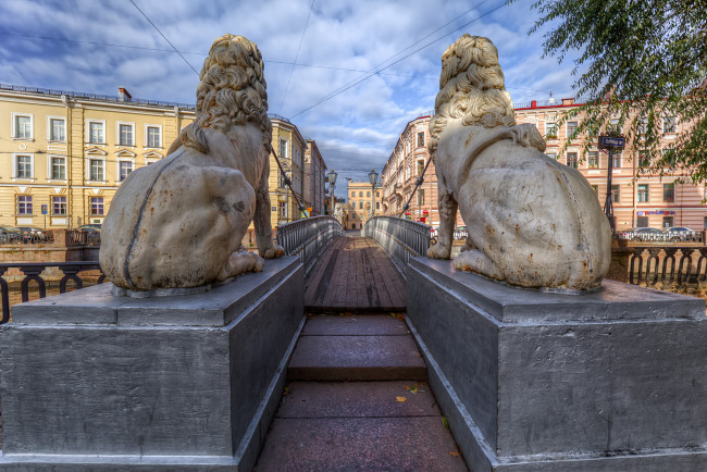 Обои картинки фото bridge of four lions, города, санкт-петербург,  петергоф , россия, мост, река