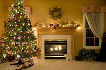 обоя праздничные, новогодний очаг, окно, украшения, камин, комната, ёлка