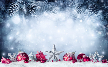 Картинка праздничные украшения снег шишки ёлка