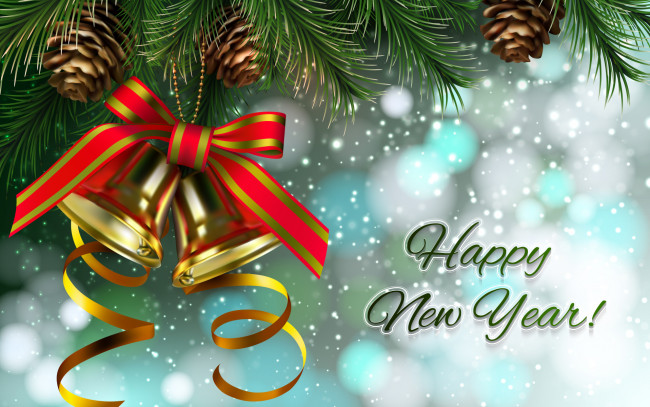 Обои картинки фото праздничные, векторная графика , новый год, поздравление, снег, бант, колокольчики, шишки, ёлка
