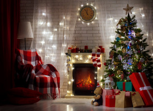 обоя праздничные, новогодний очаг, камин, елка, подарки, плед, часы